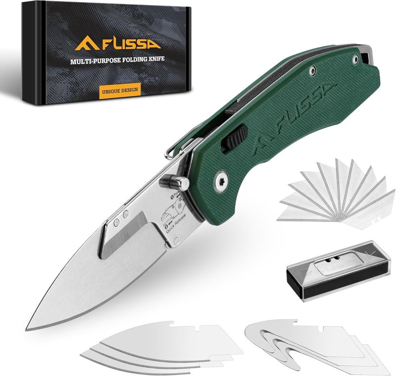 FLISSA Replaceable Blade Folding Knife, 3-in-1 Pocket Hunting Knives, Liner Lock Knife for Hunting, Skinning & Field Dressing, Green G10 Handle, Includes 16 Blades - Image 1
